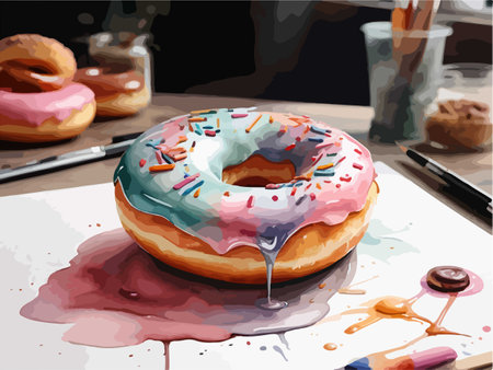 Illustration of a donut with icing and sprinkles on a tableのイラスト素材