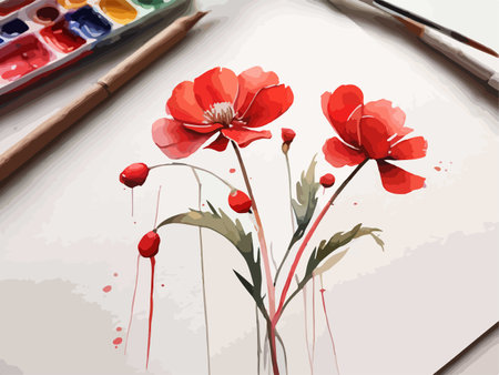 Paintbrushes and red poppies on a white backgroundのイラスト素材