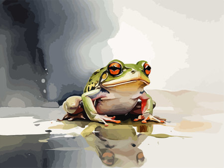 illustration of a frog sitting on a stone with reflection in waterのイラスト素材