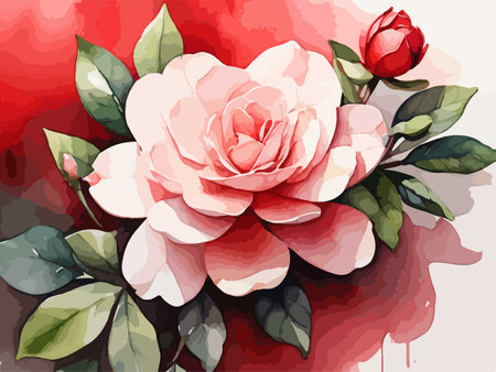 Illustration of a red and white rose on a watercolor backgroundのイラスト素材