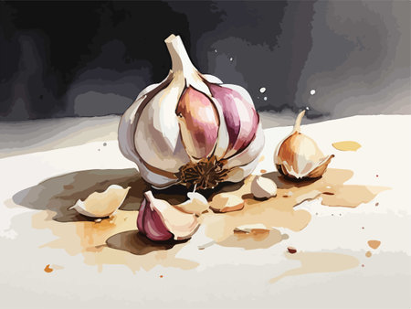 Illustration of garlic on a white background with watercolor splashesのイラスト素材