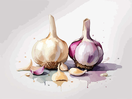 Illustration of garlic with watercolor splashes on a white backgroundのイラスト素材