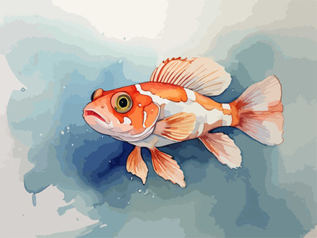Watercolor illustration of a goldfish on a background of blue waterのイラスト素材
