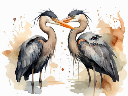 Illustration of a pair of herons on a watercolor backgroundのイラスト素材