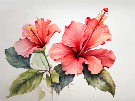Watercolor painting of hibiscus flowers on white background.のイラスト素材