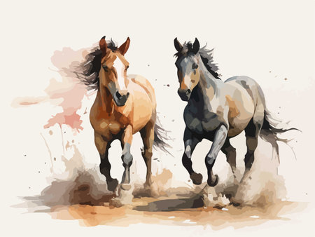Horses running in watercolor style, hand drawn vector illustration.のイラスト素材