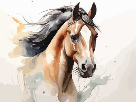 Horse portrait. Hand drawn vector illustration with watercolor splashes.のイラスト素材