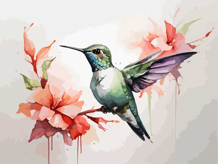 Hummingbird with flowers. Watercolor painting. Vector illustration.のイラスト素材