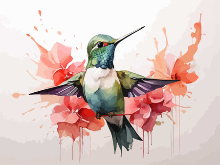 Hummingbird on watercolor splashes background. Vector illustration.のイラスト素材
