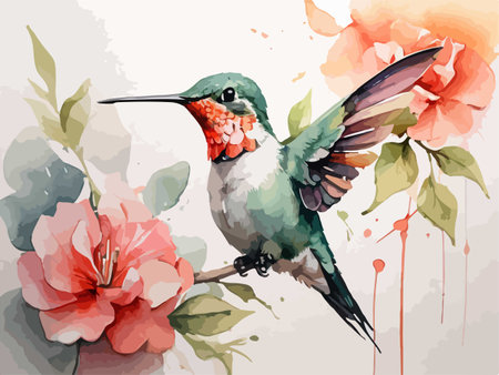 Hummingbird with flowers in watercolor style. Vector illustration.のイラスト素材