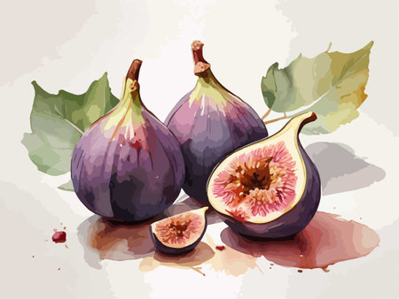 Illustration of fresh figs with leaves and watercolor splashesのイラスト素材