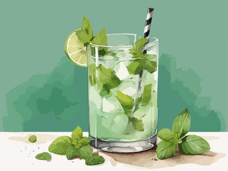 Mojito cocktail with mint, lime and ice. Vector illustrationのイラスト素材
