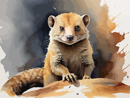 Illustration of a cute weasel sitting on a rock in the wildのイラスト素材