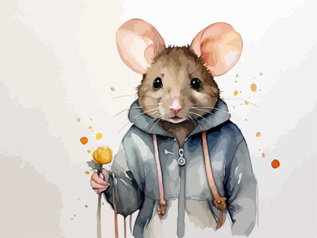 Illustration of a cute mouse in a jacket with a stick.のイラスト素材