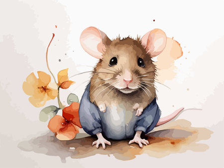 Illustration of a cute little mouse on a white background with flowersのイラスト素材