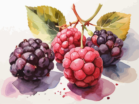 Vector illustration of blackberries with leaves and watercolor splashes.のイラスト素材