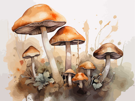 Mushrooms on a grunge background. Watercolor illustration.のイラスト素材