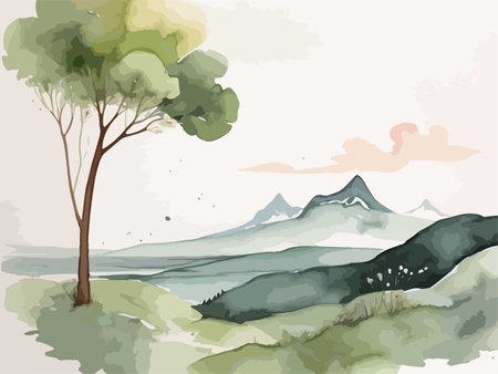 Illustration of a mountain landscape with a tree and a lake.のイラスト素材