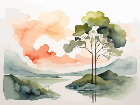 Watercolor landscape with a tree and a lake. Vector illustration.のイラスト素材