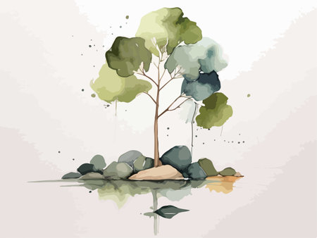Watercolor tree on the rock with green leaves. Vector illustration.のイラスト素材