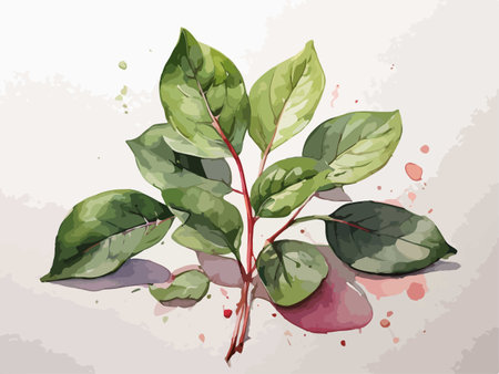 Basil leaves with watercolor splashes. Hand drawn vector illustration.のイラスト素材