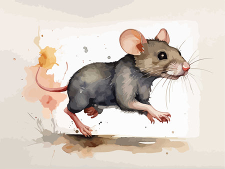 Gray mouse on a white background with watercolor splashes. Vector illustration.のイラスト素材
