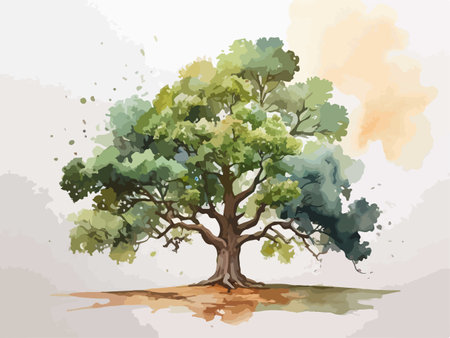 Watercolor illustration of an old oak tree with green leaves and branchesのイラスト素材