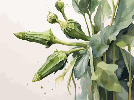 Watercolor drawing of a bunch of okra. Vector illustration.のイラスト素材