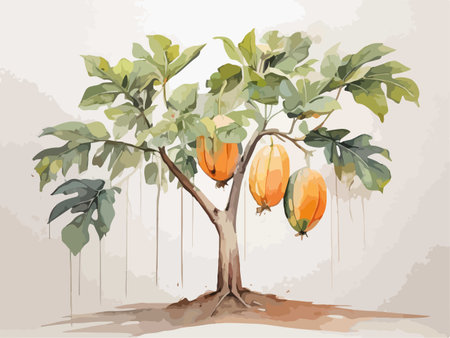 Papaya tree with fruits. Vector illustration in watercolor style.のイラスト素材