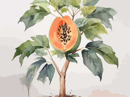 Papaya fruit on a tree with leaves. Vector illustration.のイラスト素材