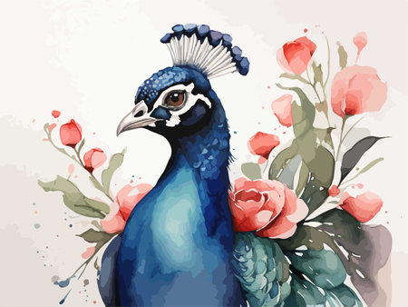 Peacock with flowers. Hand drawn vector illustration for your designのイラスト素材