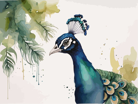 Beautiful peacock on watercolor background. Hand drawn vector illustration.のイラスト素材