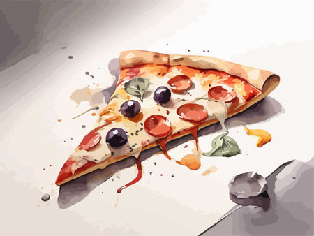 Illustration of a slice of pizza with tomatoes and olives.のイラスト素材