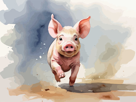 illustration of a cute pig running on the sand in the mudのイラスト素材