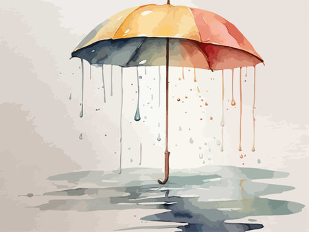 Watercolor umbrella with rain drops on the water. Vector illustration.のイラスト素材