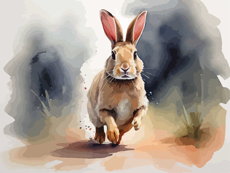 Illustration of a brown rabbit on a background of a landscape.のイラスト素材