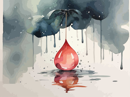 Watercolor illustration of a drop of blood and an umbrella in the rainのイラスト素材