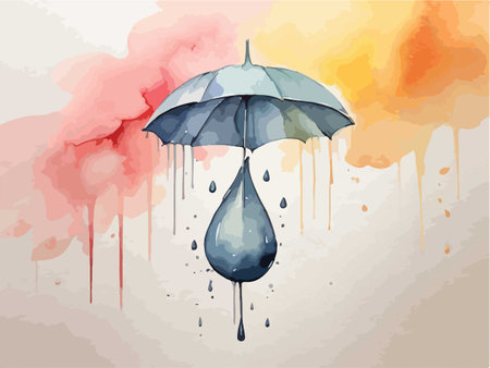 Illustration of an umbrella with a drop of water on a watercolor backgroundのイラスト素材