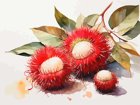 Illustration of rambutan fruit with leaves on watercolor backgroundのイラスト素材