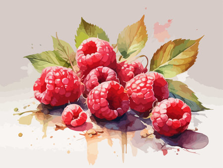 Ripe raspberries with leaves and watercolor stains. Vector illustration.のイラスト素材