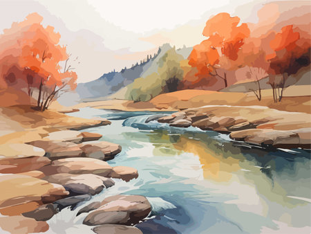 Autumn landscape with river and forest. Watercolor style vector illustration.のイラスト素材
