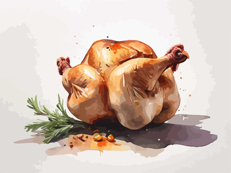 Illustration of roasted turkey with rosemary and garlic on a white backgroundのイラスト素材
