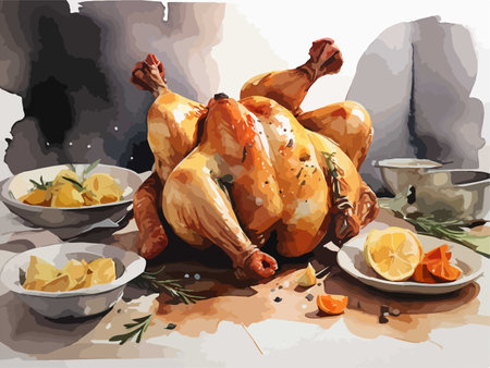 Illustration of a roasted turkey with potatoes and herbs on the tableのイラスト素材