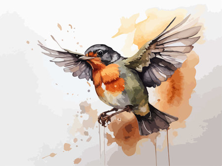 vector illustration of a robin on a branch with watercolor splashesのイラスト素材