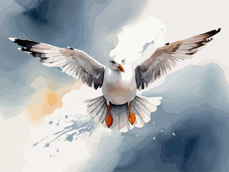 Flying seagull on the watercolor background. Vector illustration.のイラスト素材