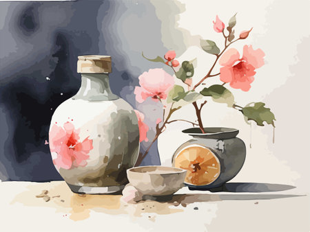 Watercolor illustration of a vase with flowers and a candle.のイラスト素材