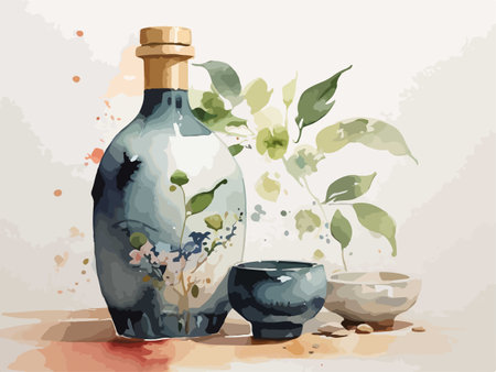 Illustration of a bottle of wine and a bowl with green plantsのイラスト素材