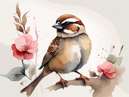 Sparrow sitting on a branch with flowers. Vector illustration.のイラスト素材