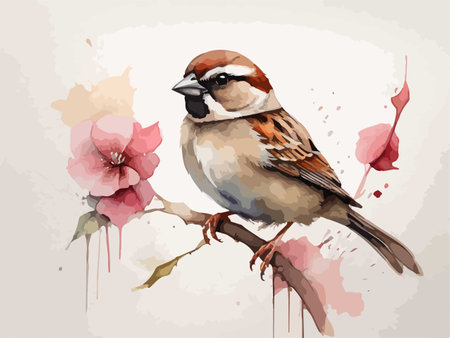 Sparrow on a branch with flowers. Watercolor illustration.のイラスト素材