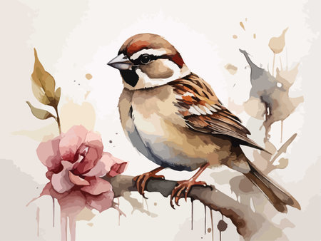 Sparrow on a branch with flowers. Watercolor illustration.のイラスト素材